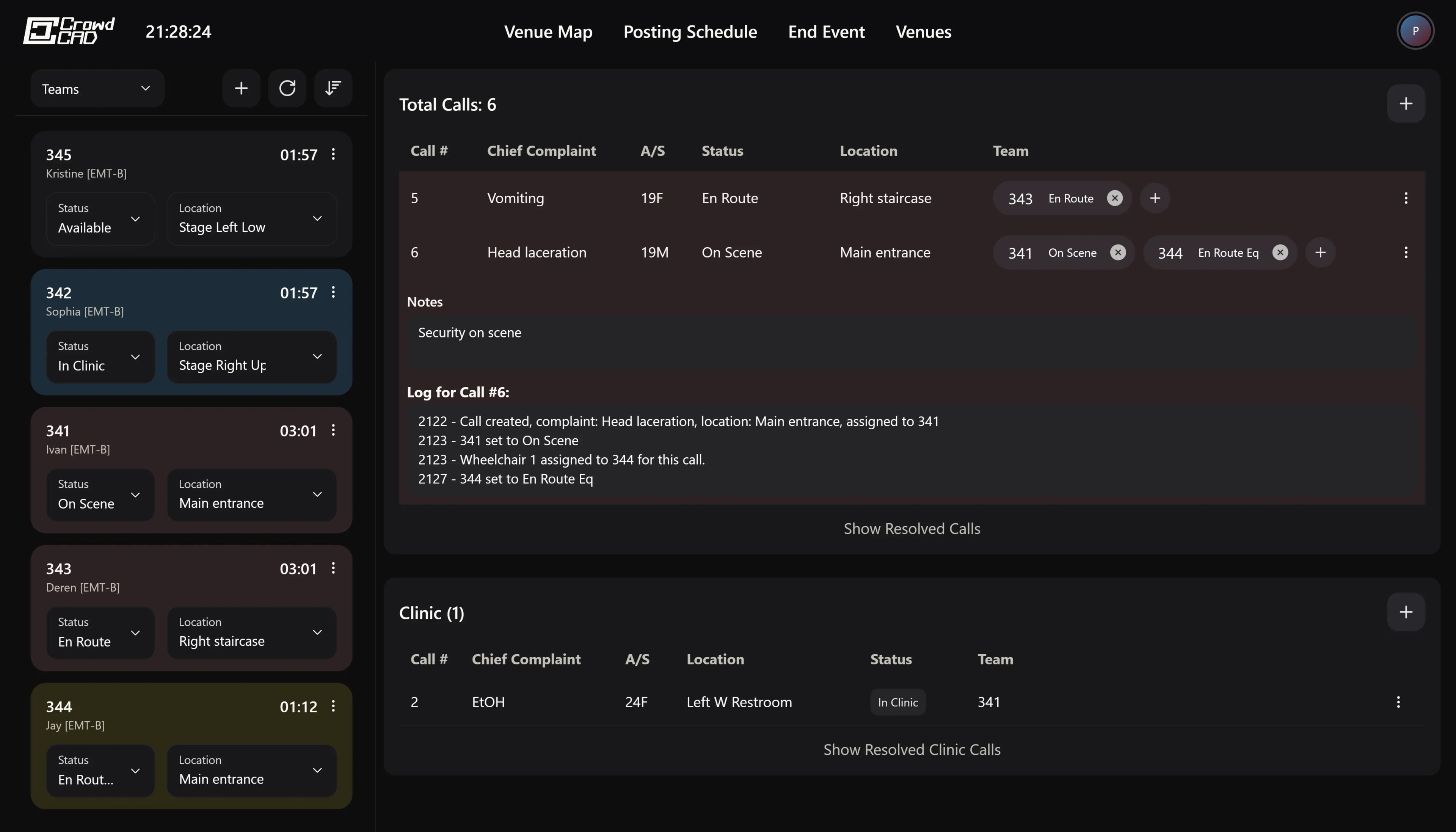 CrowdCAD Dispatch Interface showing call tracking, team status, and venue map