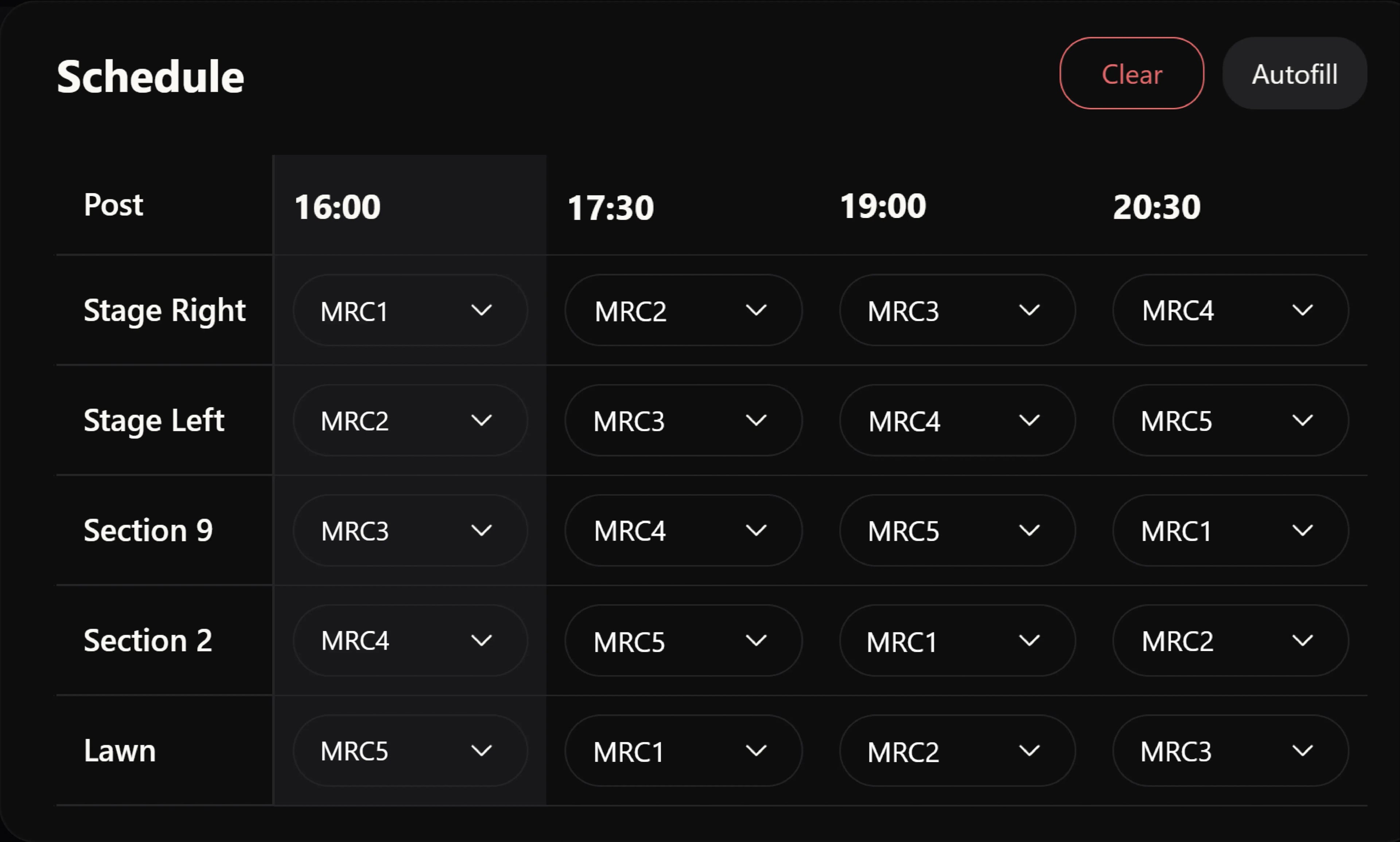 Posting schedule with team assignments and autopost controls