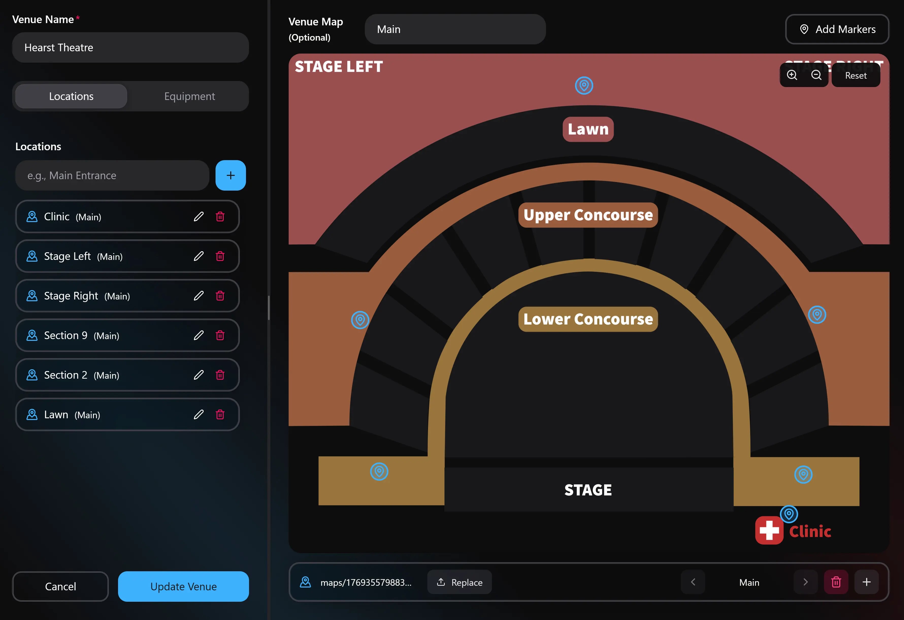 Interactive venue map with posts and incident markers
