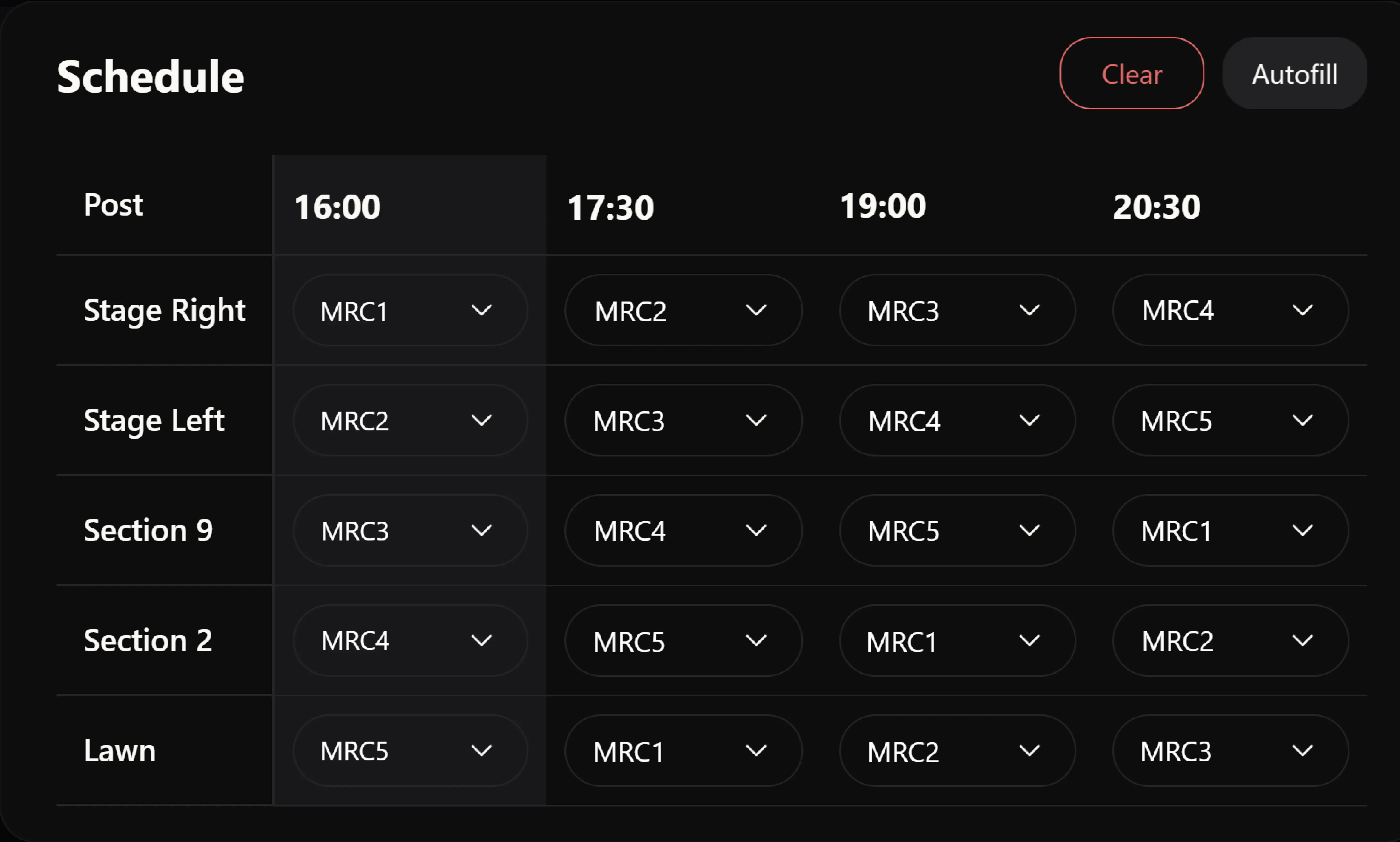 Posting schedule with team assignments and autopost controls