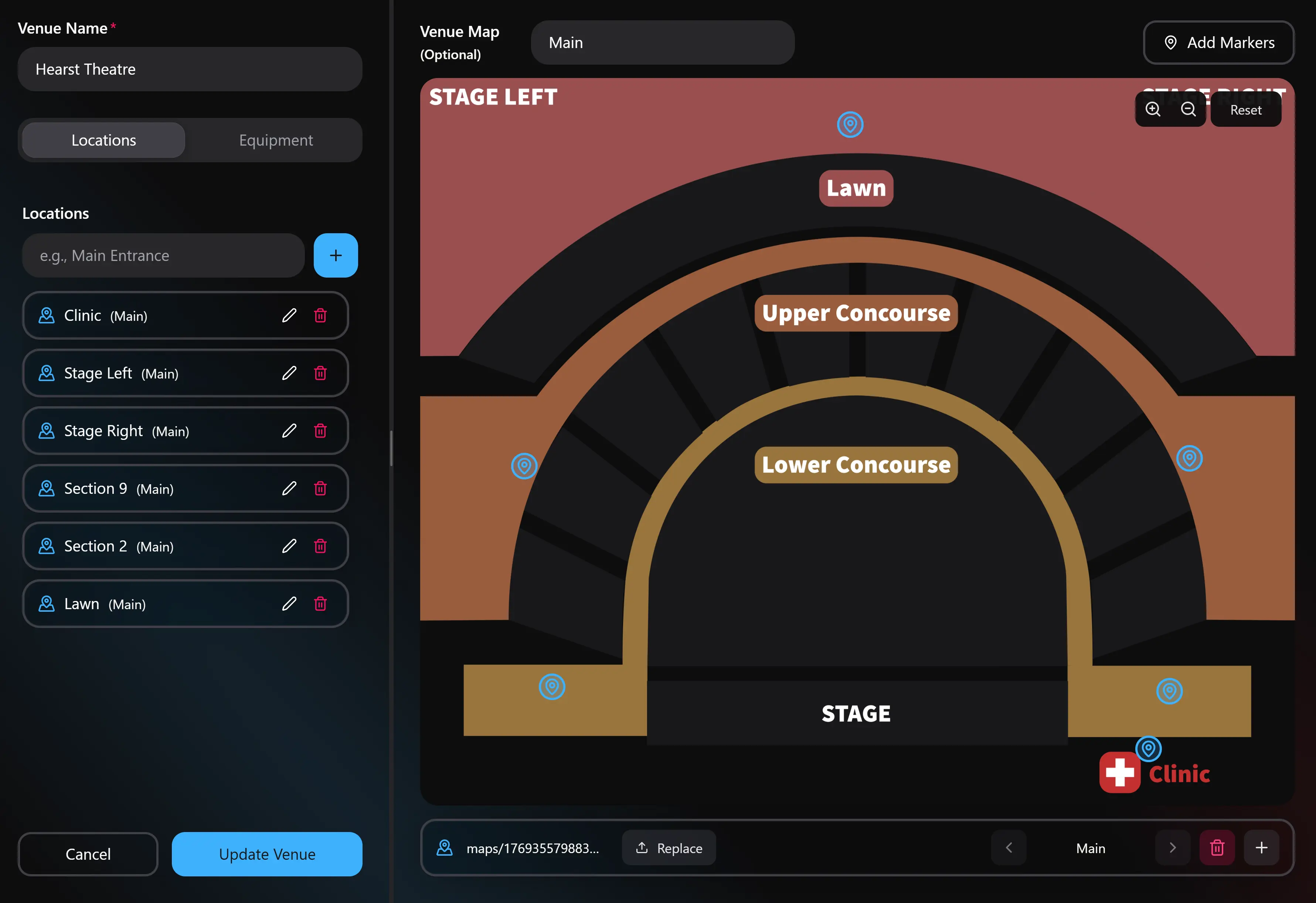 Interactive venue map with posts and incident markers
